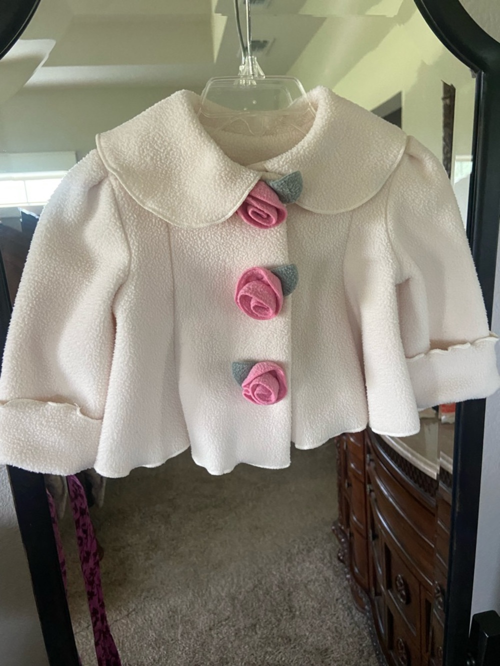 Girls Cream Peacoat with Pink Rose Buttons